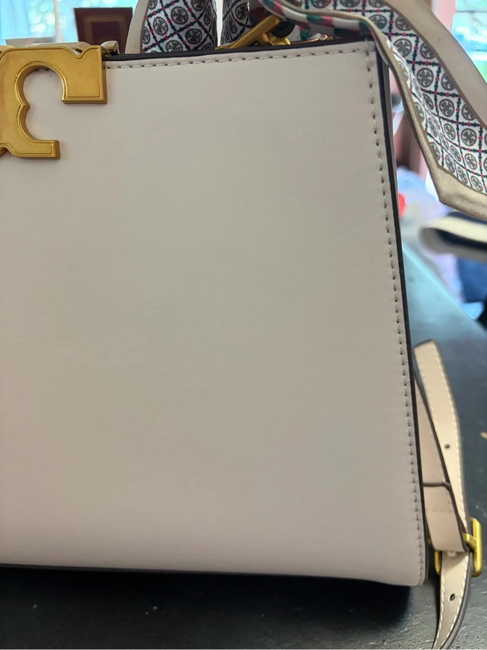 Tory Burch $700 Cream Eleanor Spazoletto Satchel with Gold Logo and Ribbon